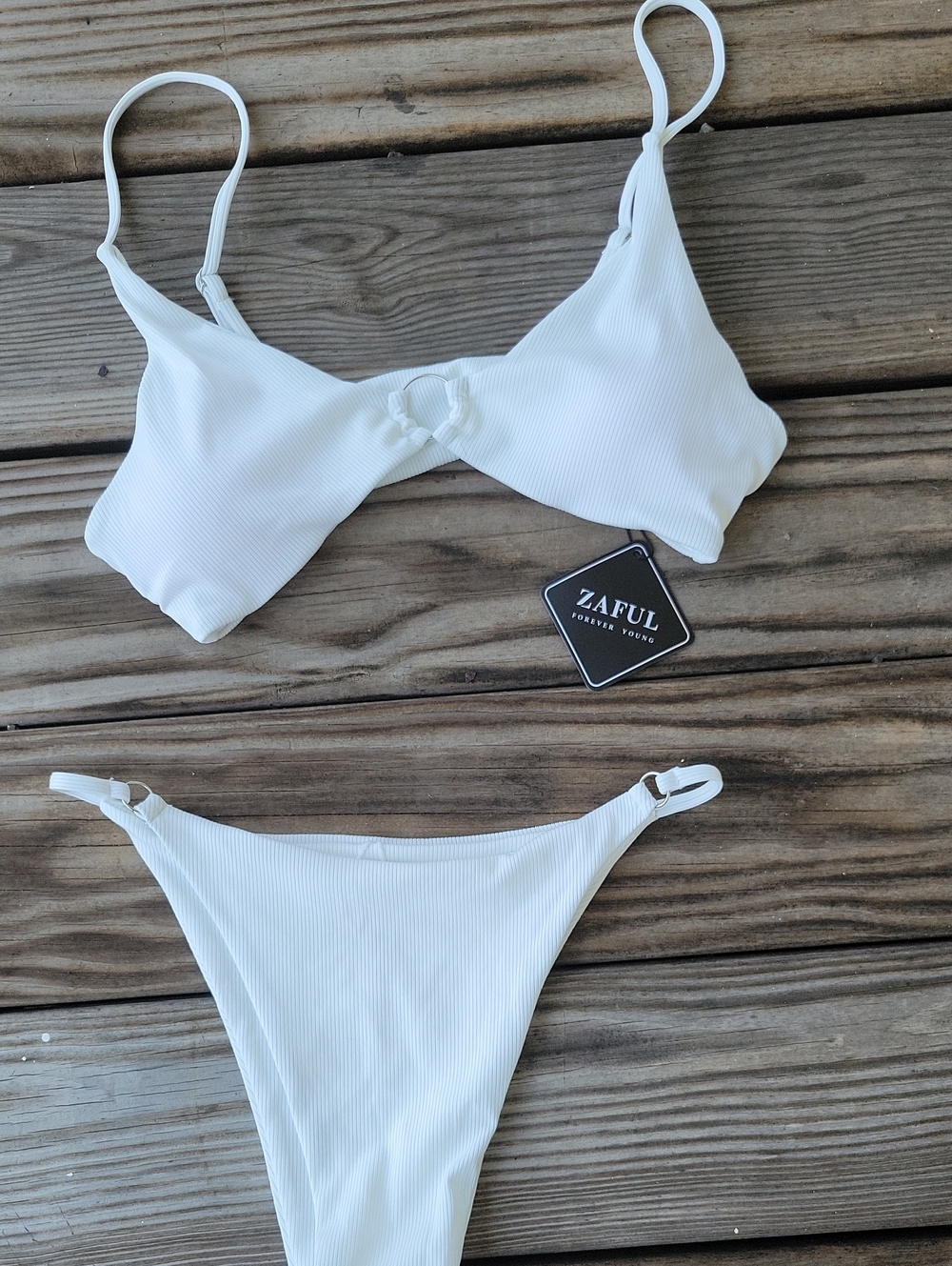 Zaful White Ribbed Ring-Front Bikini Set
